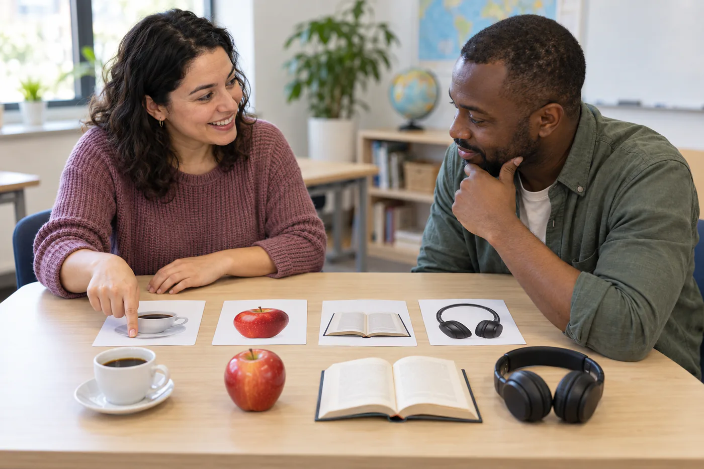 Dos personas practican vocabulario con objetos, imágenes y un cuaderno.