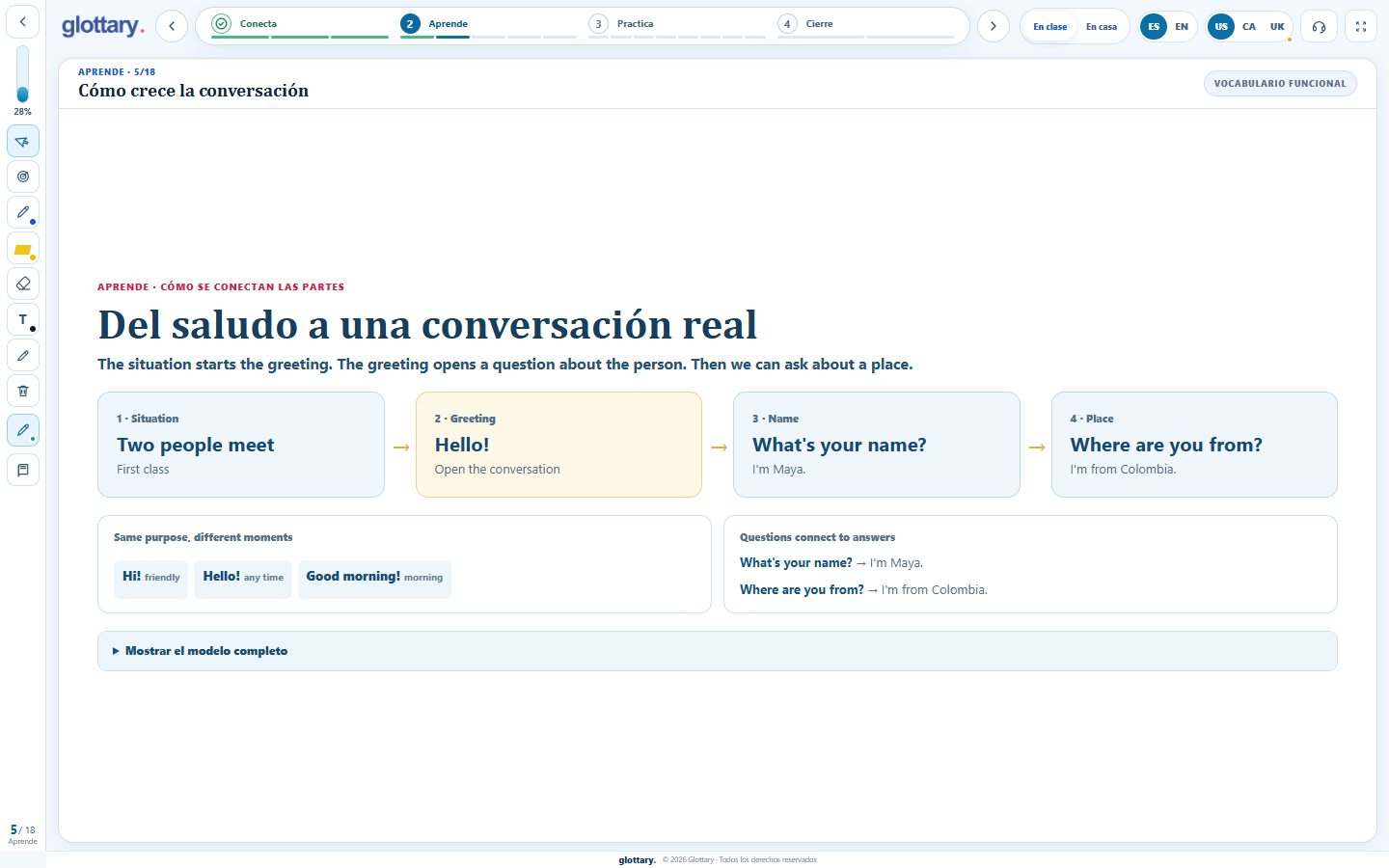Vista de una explicación guiada dentro de una lección de Glottary.